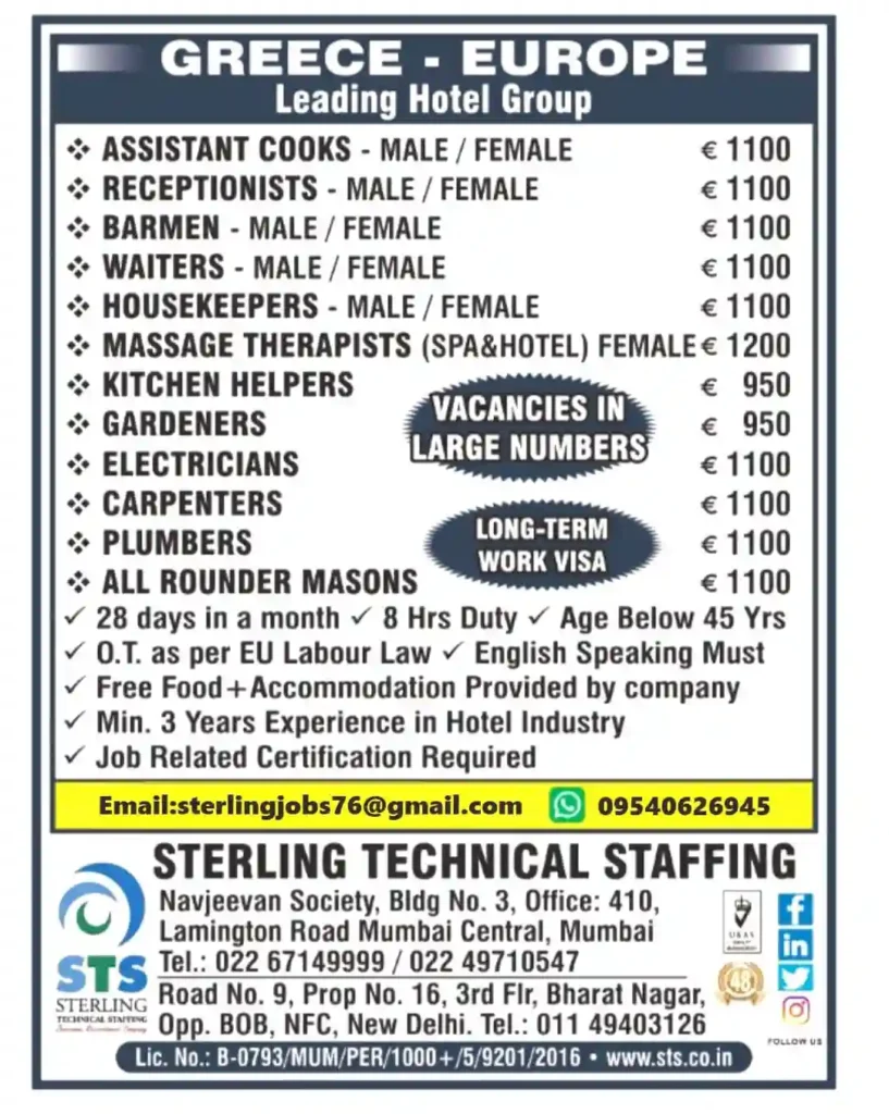 Job Vacancies in Greece Europe Mumbai Walk in Interview For Leading Hotel Group Hiring Now!