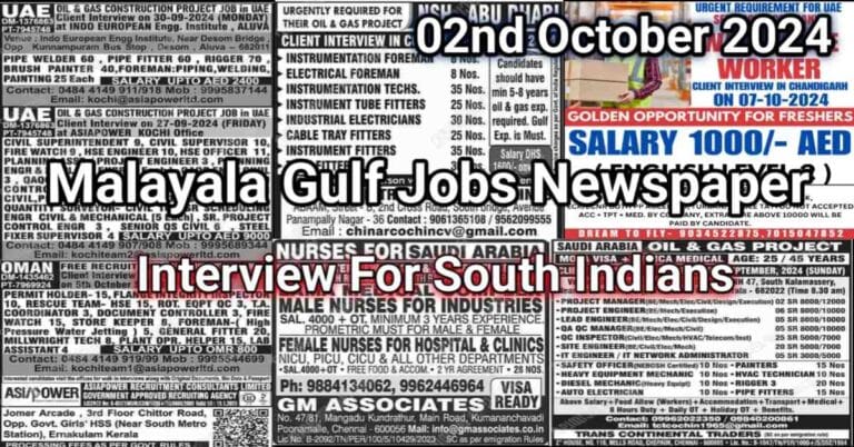 Malayala Classified Gulf Jobs Newspaper 02 October 2024: Gulf Jobs Today