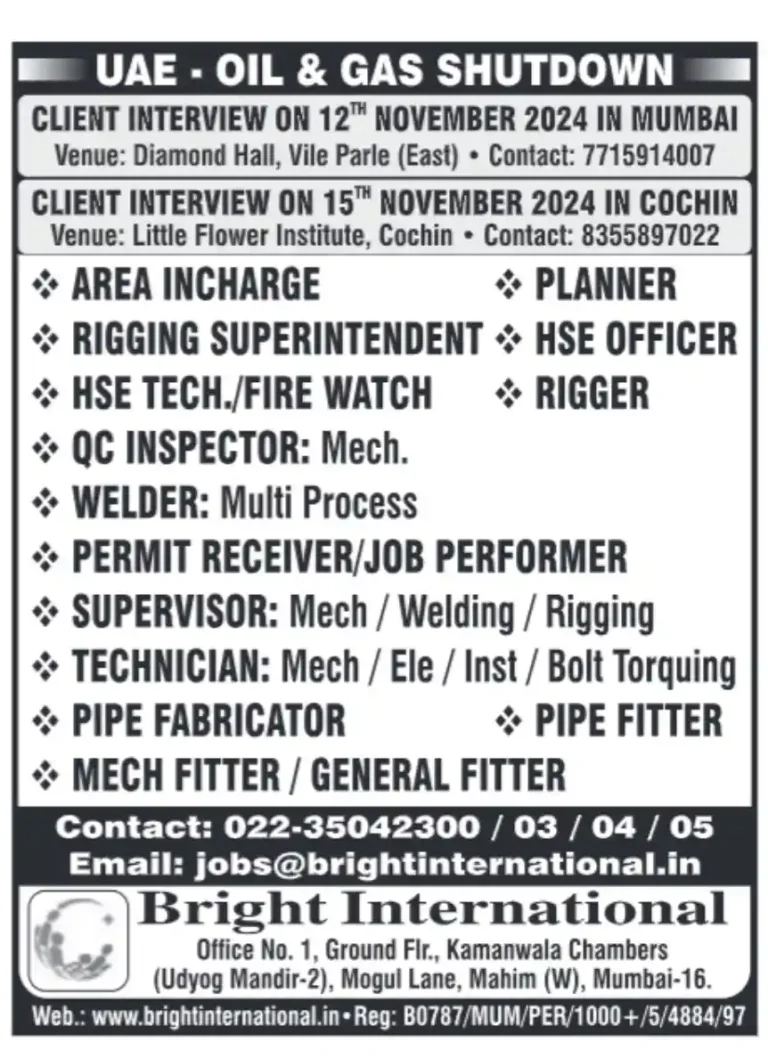 UAE Oil and Gas Shutdown Jobs – Walk in Interviews in Mumbai & Cochin