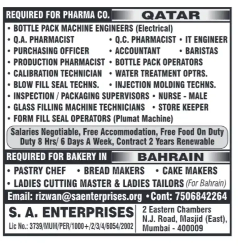 Walk in Interview in Mumbai: Jobs in Qatar & Bahrain – Pharma and Bakery Sectors Hiring Now