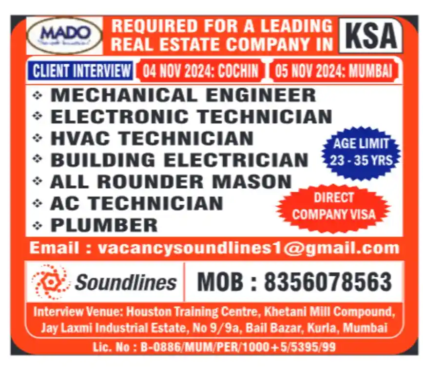 Walk in Interviews in Cochin and Mumbai required for Leading Real Estate Jobs in KSA