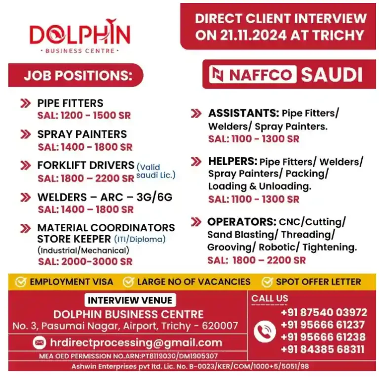 Job Openings at NAFFCO Saudi: Direct Client Interviews Trichy