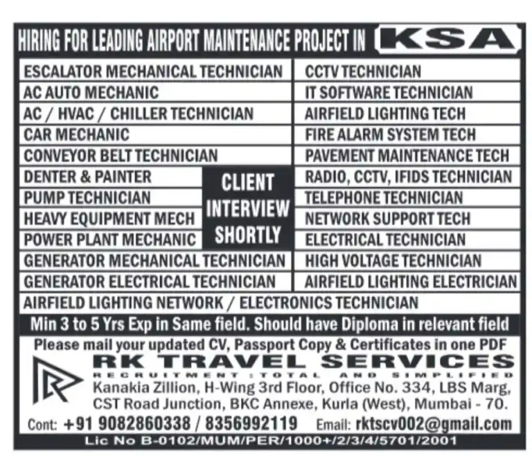 KSA Airport Maintenance Projects: Gulf Jobs Mumbai