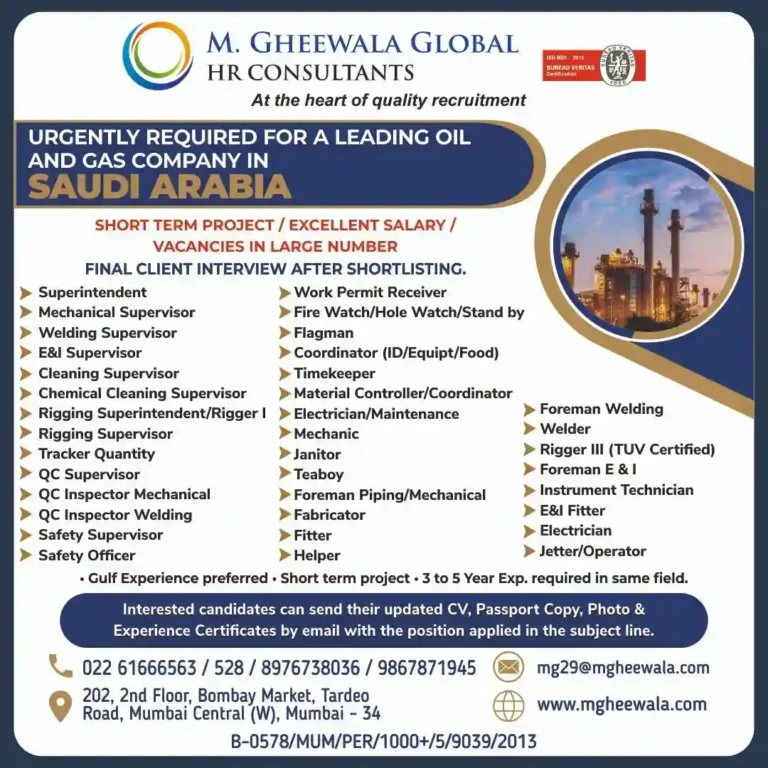 M Gheewala Mumbai Interview: Oil and Gas Company in Saudi Arabia