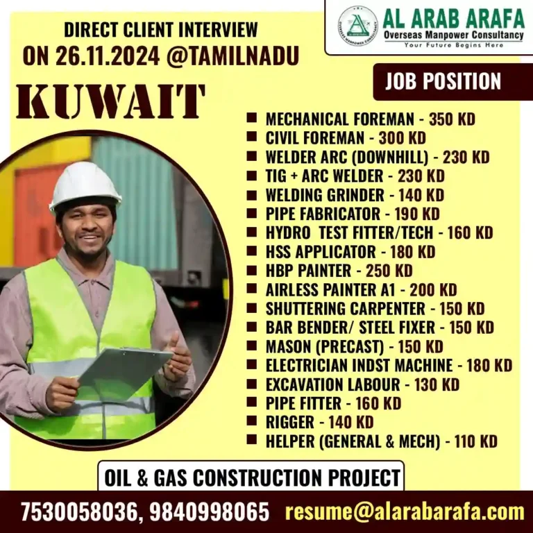 Walk in Interview Trichy: Kuwait (Oil and Gas Construction Project)