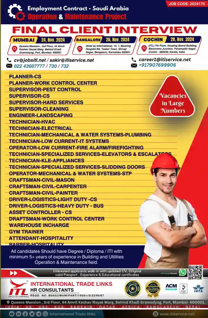 Operation and Maintenance Project Saudi: Walk in Interview Mumbai, Bangalore, Cochin