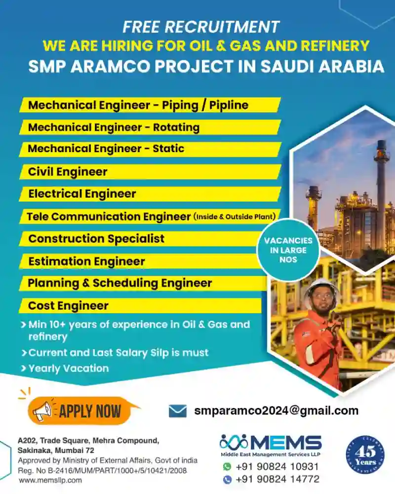 SMP Aramco Project Hiring for Oil and Gas Refinery Roles Exciting Job Opportunities for Engineers in Saudi Arabia