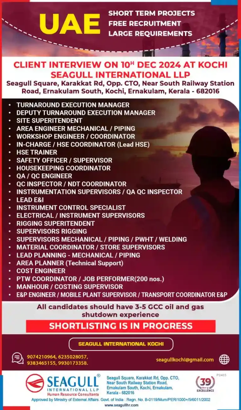 Short term Projects with Free Recruitment UAE: Walk in Interview Kochi