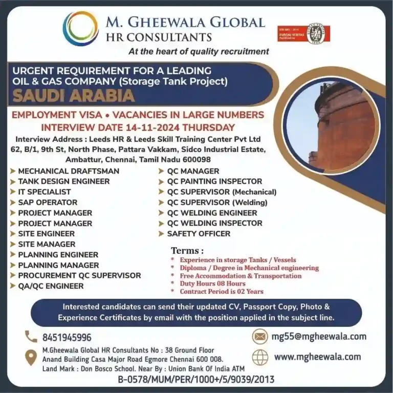 Storage Tank Project Jobs (Oil & Gas Project) Large Vacancies For Saudi Arabia