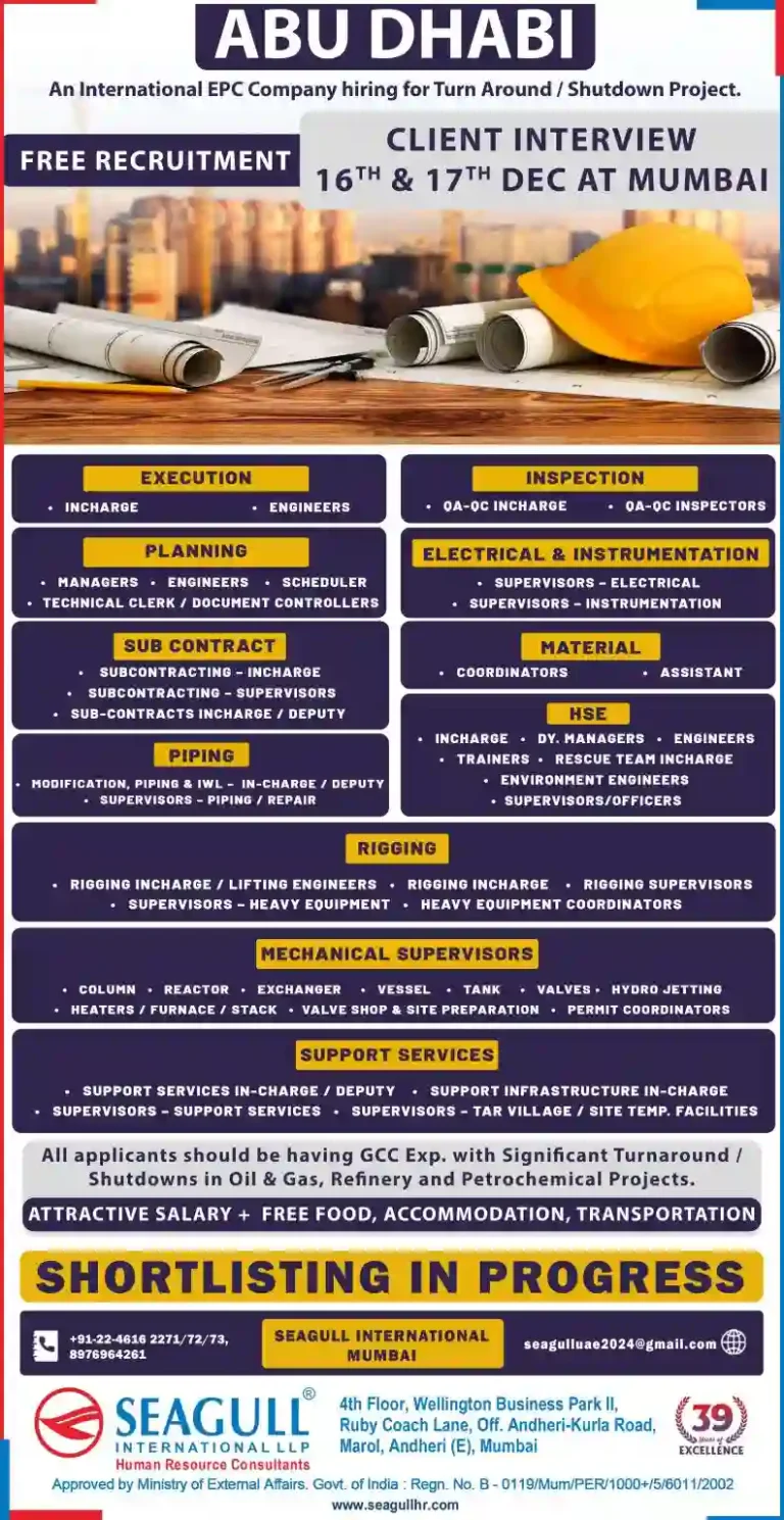 Abu Dhabi Turnaround Shutdown Project: Mumbai Interview | Apply Now