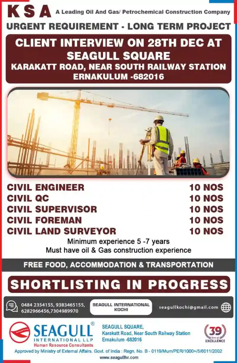 Construction Projects KSA: Long-term Projects Walk in Interview Kerala