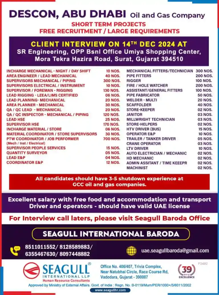Join DESCON, Abu Dhabi – Oil and Gas Short-Term Projects: Gujarat Walk in Interview