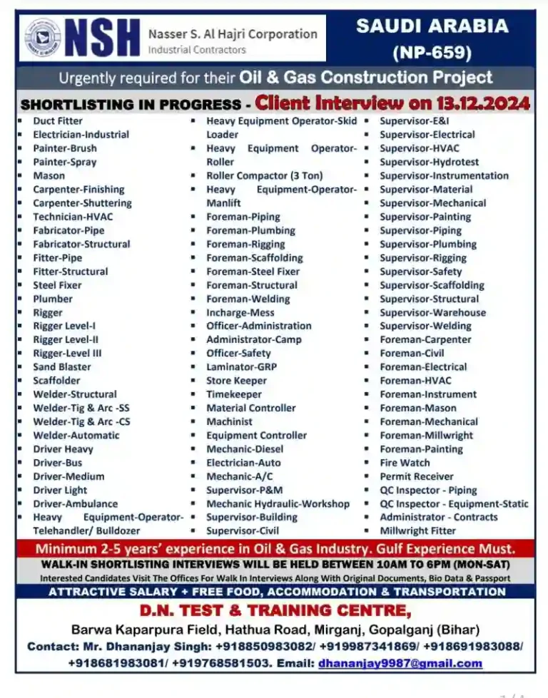 Oil and Gas Construction Project in Saudi Arabia: Walk in Interview Bihar