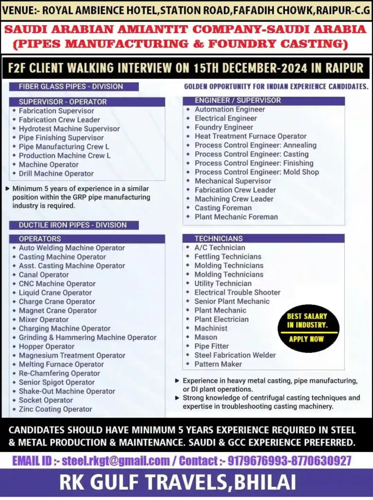 Saudi Arabian Amiantit Company: Bhilai Gulf Job Interview