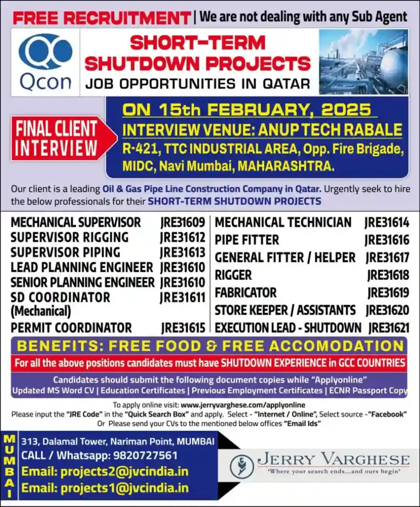 Qatar Shutdown Jobs Free Recruitment Walk-In Interview in Mumbai – Feb 2025