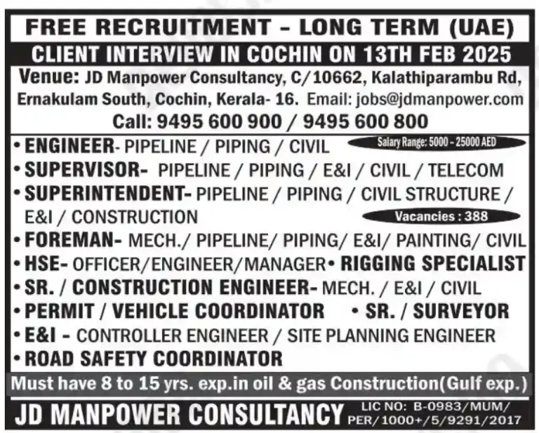 Urgent Hiring for Oil and Gas Jobs in UAE – Free Recruitment | High Salary | Interview in Cochin