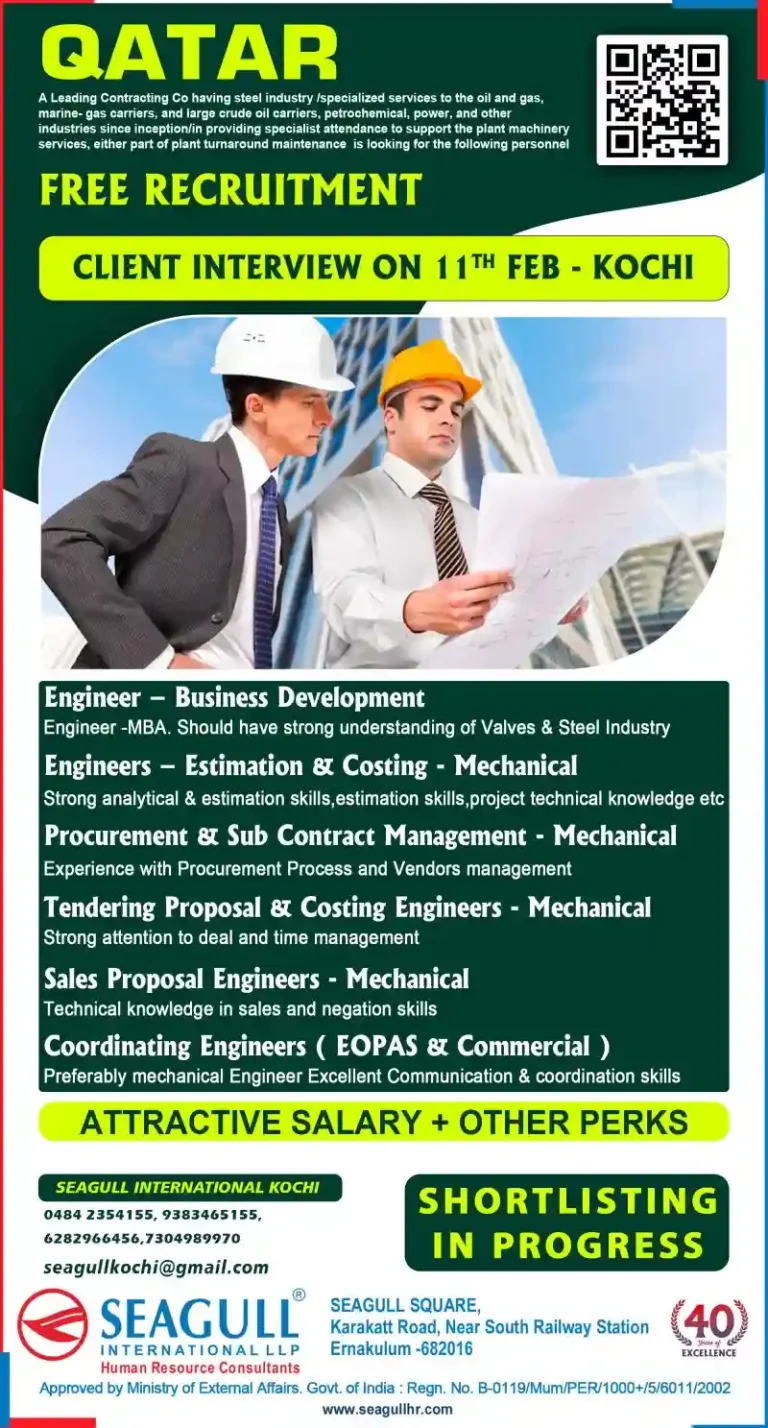 Urgent Hiring for Qatar | Free Recruitment | Client Interview in Kochi on 11th Feb