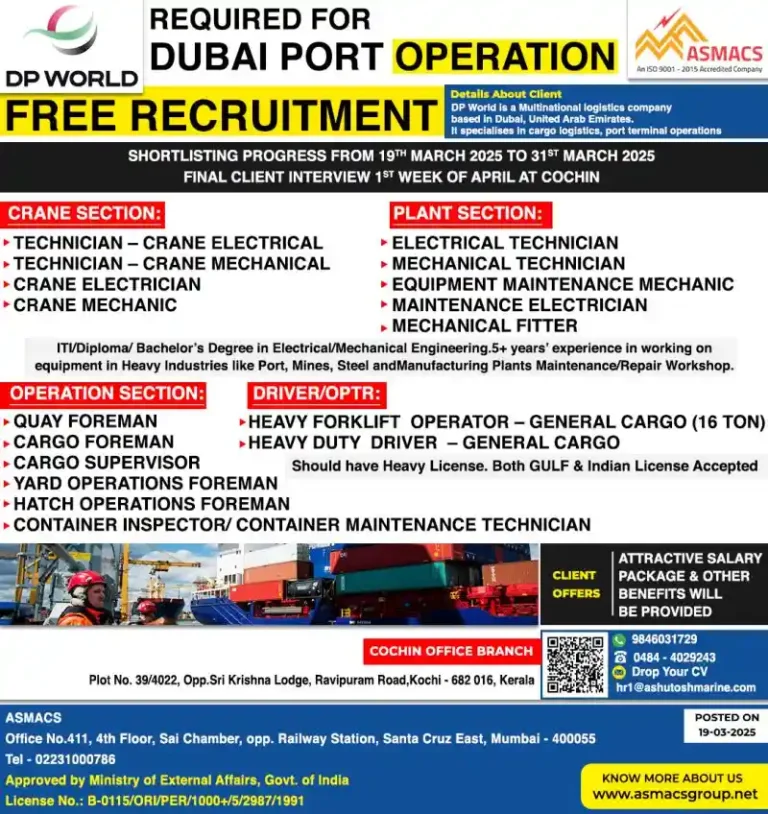 Urgent Hiring for Dubai Port: Free Recruitment for Multiple Job Roles – Apply Now!