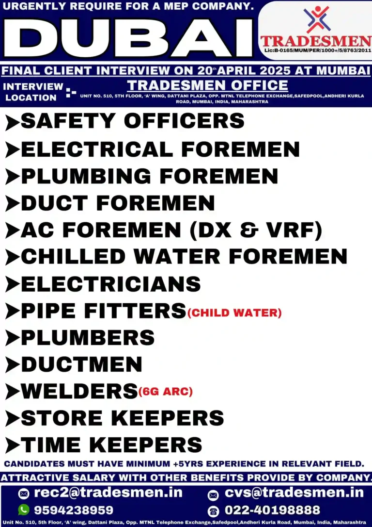 Dubai MEP Company Recruitment – Walk-in Interview in Mumbai
