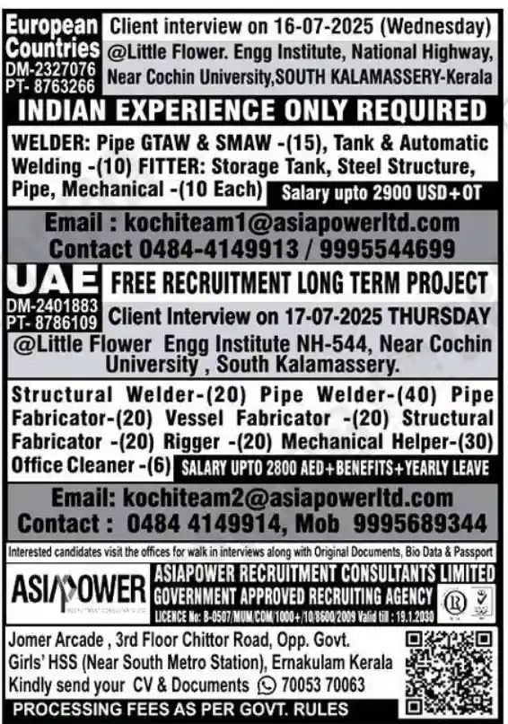 Overseas Welding & Fitter Jobs – Europe & UAE Walk-In Interviews in Kerala!
