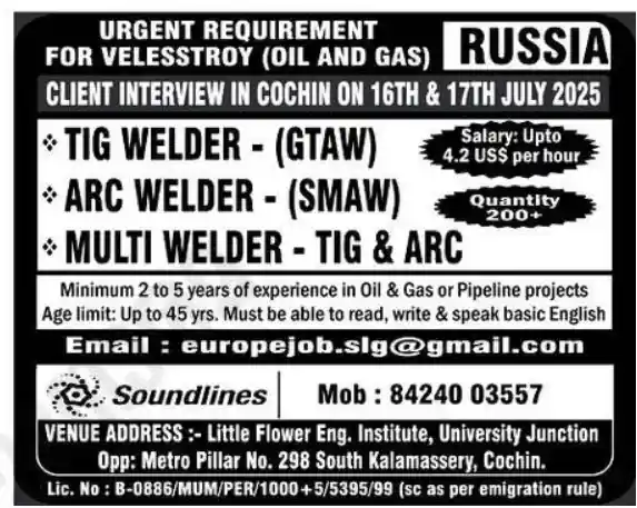 Urgent Hiring for Welders in Russia – TIG, ARC & Multi Welders Oil & Gas Jobs Abroad