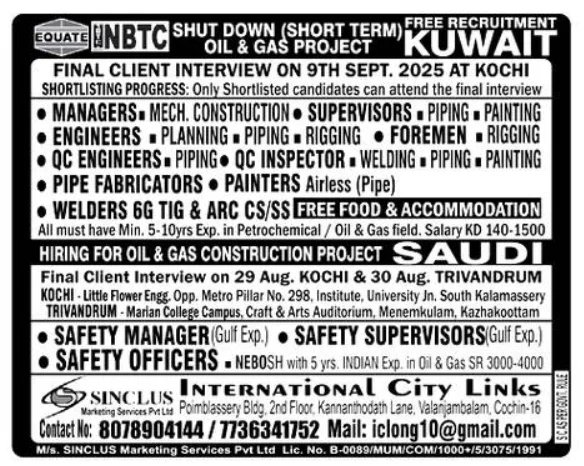NBTC Kuwait Shutdown Jobs – Oil & Gas Vacancies Client Interview in Kochi