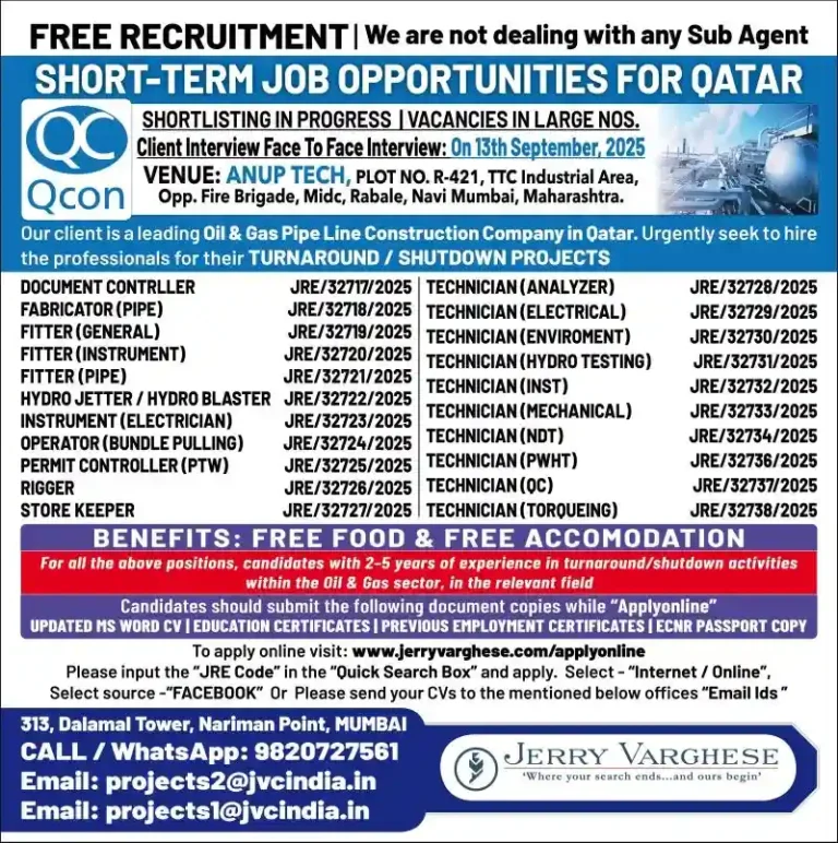 Free Recruitment in Mumbai | Qatar Shutdown Jobs 2025 | Oil & Gas Jobs in Qatar | Technician & Shutdown Project Vacancies | Client Interview