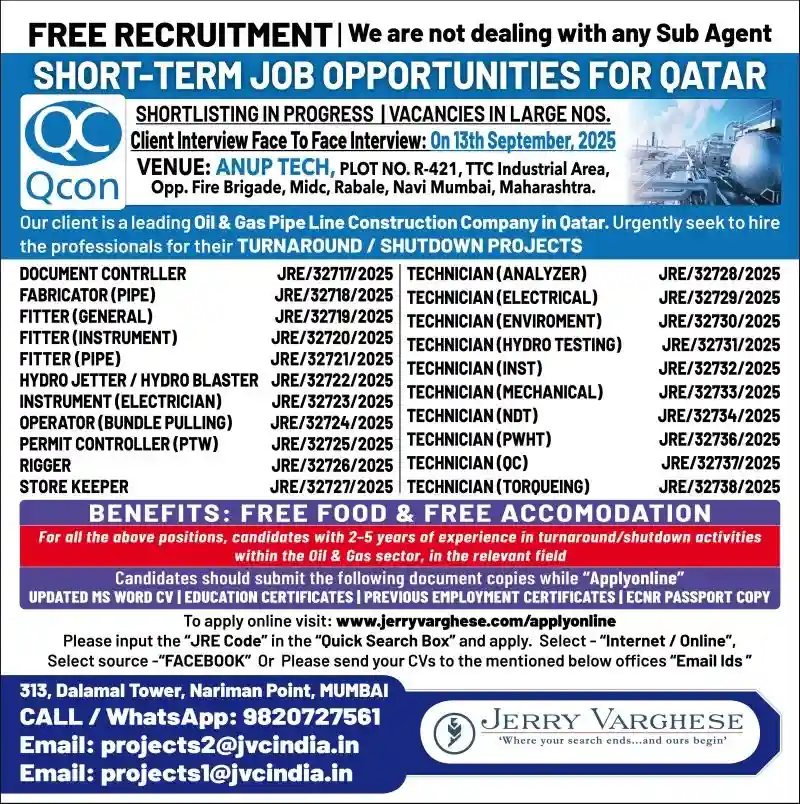Free Recruitment in Mumbai Qatar Shutdown Jobs 2025 Oil & Gas Jobs in Qatar Technician & Shutdown Project Vacancies Client Interview
