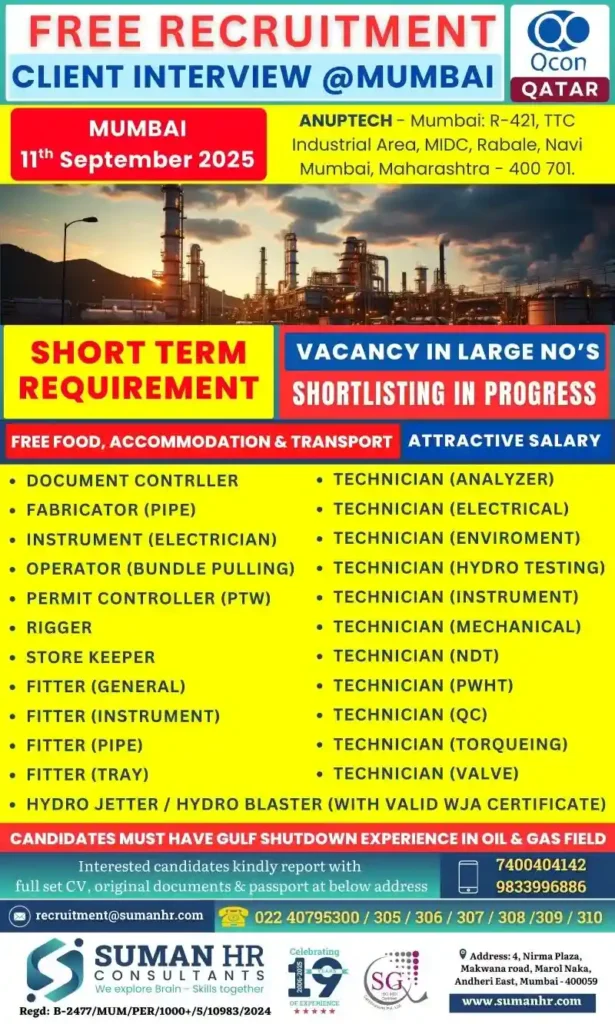 Qatar Shutdown Jobs 2025 Oil & Gas Jobs in Qatar Free Recruitment in Mumbai – Technician & Shutdown Project Vacancies