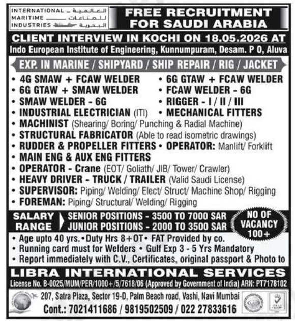 Free Recruitment for Saudi Arabia – Client Interview in Kochi on 18 May 2026